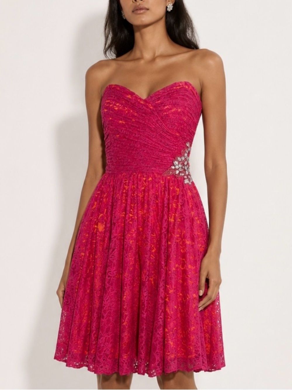 XSCAPE Strapless Sweetheart Fuchsia Lace Cocktail Dress Size 6